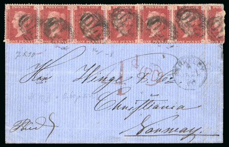 Stamp of Great Britain » 1854-1900 Postal History of the Perforated Line Engraved and Surface Printed Issues 1845-1895, Group of three covers incl. 1870 (Jan 21) Wrapper from Berkley to Norway with 1864-79 1d red pl.130 in strip of four and strip of three