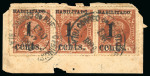 Stamp of United States » U.S. Possessions » Puerto Príncipe 1898 1c on 1m third printing strip of three tied to small piece 