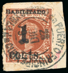 Stamp of United States » U.S. Possessions » Puerto Príncipe 1898 1c on 1m third printing, used tied to a small piece