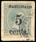 Stamp of United States » U.S. Possessions » Puerto Príncipe 1898 5c on 1/2m blue-green, third printing, position 4, on piece