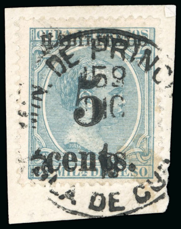 Stamp of United States » U.S. Possessions » Puerto Príncipe 1898 5c on 1/2m blue-green, third printing used tied on small piece