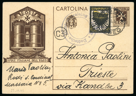 Stamp of Italy » Foreign Occupations of Italian Territories or Under Italian Sovereignty » German Occupation of the Aegean Islands 1943 The finest of only two items recorded with the "Deutsche-Militärverwaltung/Rodi" hs