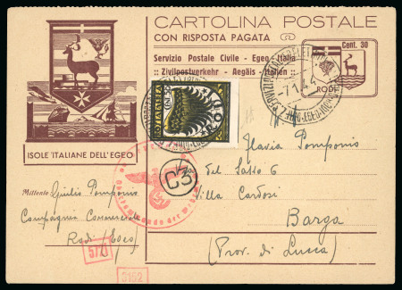 Stamp of Italy » Foreign Occupations of Italian Territories or Under Italian Sovereignty » German Occupation of the Aegean Islands 1944 30c bilingual reply stationery postcard with airmail 50c, "imperforate at base" variety
