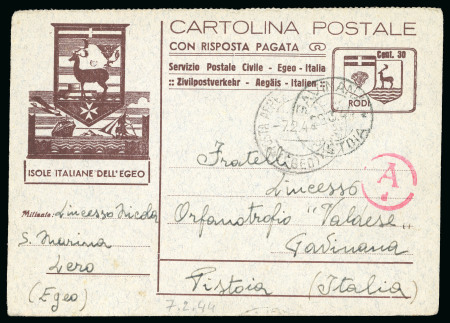 Stamp of Italy » Foreign Occupations of Italian Territories or Under Italian Sovereignty » German Occupation of the Aegean Islands 1944 (Feb 7) 30c on greyish green bilingual reply stationery