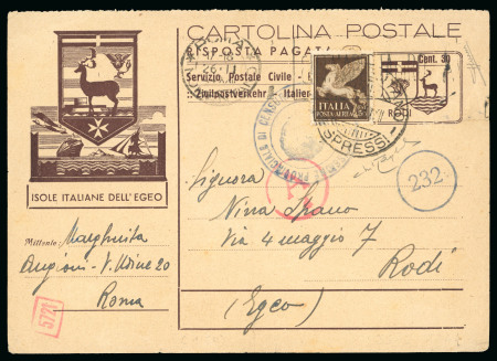 Stamp of Italy » Foreign Occupations of Italian Territories or Under Italian Sovereignty » German Occupation of the Aegean Islands 1944 An exceedingly rare usage of the 30c reply card from Italy to the Dodecanese