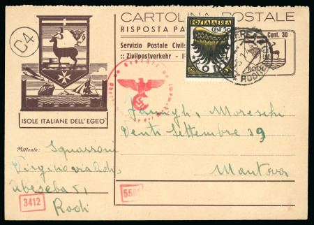 Stamp of Italy » Foreign Occupations of Italian Territories or Under Italian Sovereignty » German Occupation of the Aegean Islands 1944 30c on yellowish bilingual reply stationery postcard to Italy