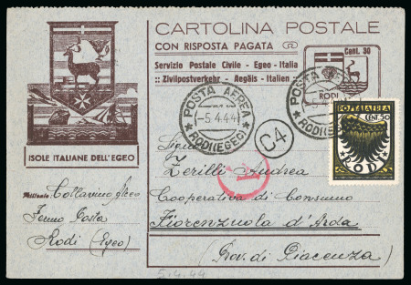 Stamp of Italy » Foreign Occupations of Italian Territories or Under Italian Sovereignty » German Occupation of the Aegean Islands 1944 0c on greyish green bilingual reply postcard to Italy