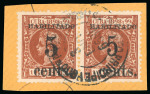 Stamp of United States » U.S. Possessions » Puerto Príncipe 1898 5c on 1m orange-brown, second printing, position 1 and 2, used pair tied to small piece 