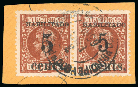 Stamp of United States » U.S. Possessions » Puerto Príncipe 1898 5c on 1m orange-brown, second printing, position 1 and 2, used pair tied to small piece 
