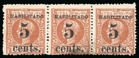 Stamp of United States » U.S. Possessions » Puerto Príncipe 1898 5c on 2m orange-brown, second printing, position 3-4-5, mint unique strip of three