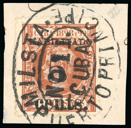 Stamp of United States » U.S. Possessions » Puerto Príncipe 1898 5c on 2m orange-brown, second printing, position 3, used and tied to small piece