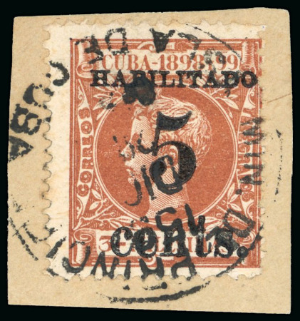 Stamp of United States » U.S. Possessions » Puerto Príncipe 1898 5c on 3m orange-brown, second printing, position 1, used and tied to small piece 