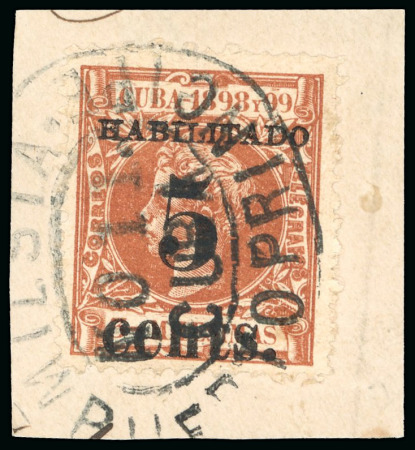 Stamp of United States » U.S. Possessions » Puerto Príncipe 1898 5c on 3m orange-brown, second printing, position 4, used, tied to piece
