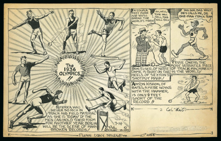 Stamp of Olympics » 1936 Berlin » Other Memorabilia Group of three original hand illustrated comic strips by Phil Berube (1935 & 1938)