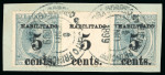 Stamp of United States » U.S. Possessions » Puerto Príncipe 1898 5c on 1/2m blue-green, second printing, position 3-4-5, strip of three surcharge to centre selvage