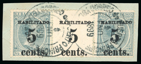 Stamp of United States » U.S. Possessions » Puerto Príncipe 1898 5c on 1/2m blue-green, second printing, position 3-4-5, strip of three surcharge to centre selvage