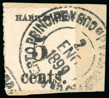 Stamp of United States » U.S. Possessions » Puerto Príncipe 1898 5c on 1/2m blue-green issue, third printing, used selvage with surcharge overprinted