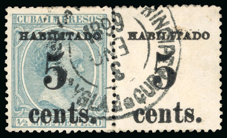 Stamp of United States » U.S. Possessions » Puerto Príncipe 1898 5c on 1/2m blue-green, second printing, position 3 and 4, pair with overprint to selvage