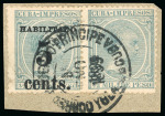 Stamp of United States » U.S. Possessions » Puerto Príncipe 1898 5c on 1/2m blue-green, second printing, position 5 (left), pair one without surcharge, tied to a piece