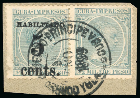 Stamp of United States » U.S. Possessions » Puerto Príncipe 1898 5c on 1/2m blue-green, second printing, position 5 (left), pair one without surcharge, tied to a piece