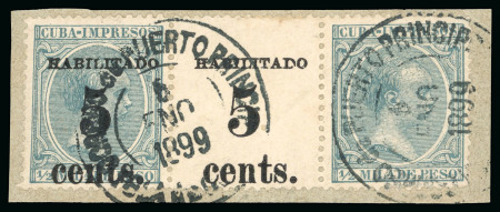 Stamp of United States » U.S. Possessions » Puerto Príncipe 1898 5c on 1/2m, second printing, strip of three overprint to selvage at centre and without surcharge to right
