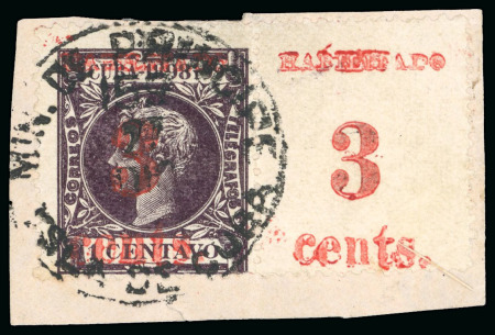 Stamp of United States » U.S. Possessions » Puerto Príncipe 1898 3c on 1c black-violet, fourth printing, position 4 and 5, used pair, overprint to selvage error,