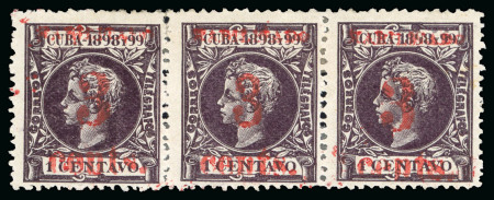 Stamp of United States » U.S. Possessions » Puerto Príncipe 1898 3c on 1c black-violet, fourth printing, position 1-2-3, mint strip of three (Scott 196 197)