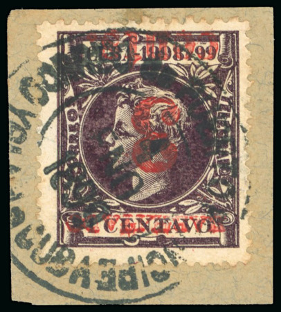Stamp of United States » U.S. Possessions » Puerto Príncipe 1898 3c on 1c black-violet, fourth printing, position 4, inverted surcharge variety, tied by a blue Puerto Principe cds
