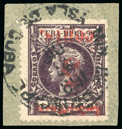 Stamp of United States » U.S. Possessions » Puerto Príncipe 1898 5c on 1c black-violet, fourth printing, position 1, inverted surcharge variety, used, tied to a piece 