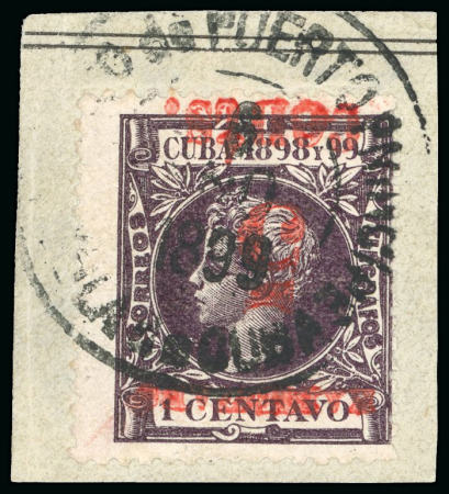 Stamp of United States » U.S. Possessions » Puerto Príncipe 1898 5c on 1c black-violet, fourth printing, position 3, inverted overprint, used and tied to piece