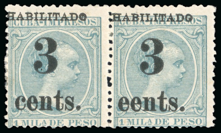 Stamp of United States » U.S. Possessions » Puerto Príncipe 1898 3c on 1m blue-green, fifth printing, position 2-3 with "eents" for "cents" variety, one of three known pairs