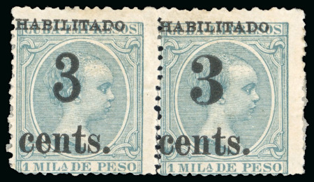 Stamp of United States » U.S. Possessions » Puerto Príncipe 1898 3c on 1m blue-green, fifth printing, position 4-5, mint  one of three known pairs of this stamp