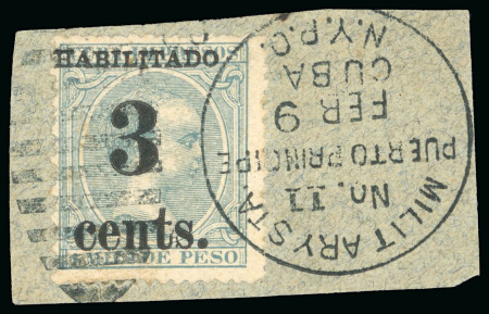 Stamp of United States » U.S. Possessions » Puerto Príncipe 1898 3c on 1m blue-green, fifth printing, position 1, used, tied neatly to a piece by a very fine military station cds