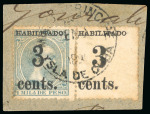 Stamp of United States » U.S. Possessions » Puerto Príncipe 1898 3c on 1m blue-green, fifth printing, position 4-5, variety "eents" surcharge and overprint on selvage error,