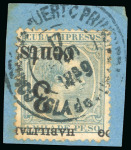 Stamp of United States » U.S. Possessions » Puerto Príncipe 1898 3c on 1m blue-green, fifth printing, position4, inverted surcharge variety, tied to small piece
