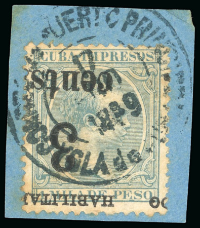 Stamp of United States » U.S. Possessions » Puerto Príncipe 1898 3c on 1m blue-green, fifth printing, position4, inverted surcharge variety, tied to small piece