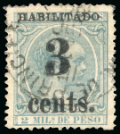 Stamp of United States » U.S. Possessions » Puerto Príncipe 1898 3c on 2m blue-green, fifth printing, position 1, lightly cancelled by a Puerto Principe cds