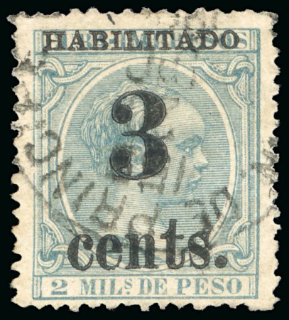 Stamp of United States » U.S. Possessions » Puerto Príncipe 1898 3c on 2m blue-green, fifth printing, position 1, lightly cancelled by a Puerto Principe cds