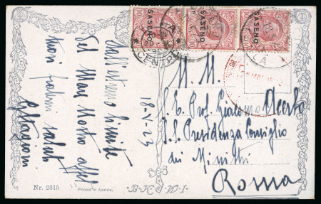 Stamp of Italy » Italian Colonies and Possessions » Saseno 1923 Postcard to Rome bearing overprinted 10c in vertical strip if three and fragment