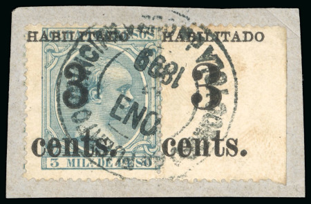 Stamp of United States » U.S. Possessions » Puerto Príncipe 1898 3c on 3m blue-green, fifth printing, pair, surcharge overprinted on selvage error