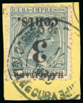 Stamp of United States » U.S. Possessions » Puerto Príncipe 1898 3c on 3m blue-green, fifth printing, position 1, inverted surcharge error, used, tied to small piece 