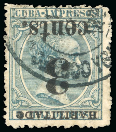 Stamp of United States » U.S. Possessions » Puerto Príncipe 1898 3c on 3m blue-green, fifth printing, position 2, inverted overprint variety, used