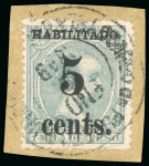 Stamp of United States » U.S. Possessions » Puerto Príncipe 1898 5c on 1m blue-green, fifth printing, position 1, used, very neatly tied to piece