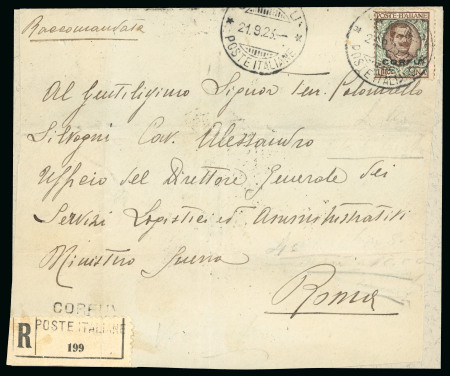 Stamp of Italy » Italian Occupations WWI » Corfu 1923 1923 (Sept 21) Registered envelope bearing the 1 lira