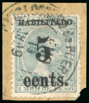 Stamp of United States » U.S. Possessions » Puerto Príncipe 1898 5c on 1m blue-green, fifth printing, position 3, overprint error "eents" instead of "cents"