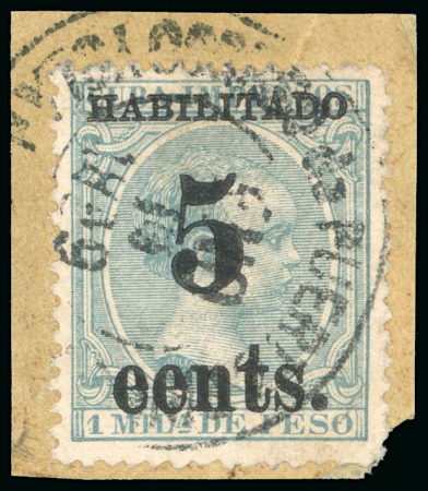 Stamp of United States » U.S. Possessions » Puerto Príncipe 1898 5c on 1m blue-green, fifth printing, position 3, overprint error "eents" instead of "cents"