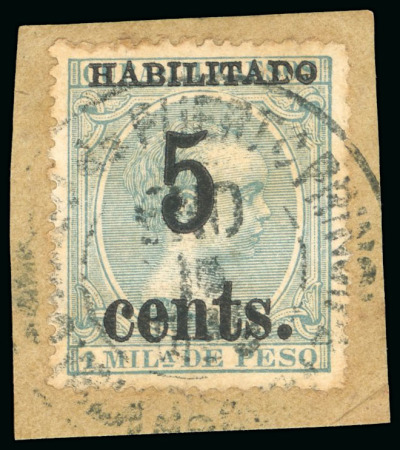 Stamp of United States » U.S. Possessions » Puerto Príncipe 1898 5c on 1m blue-green, fifth printing, position 4, used, tied to piece 