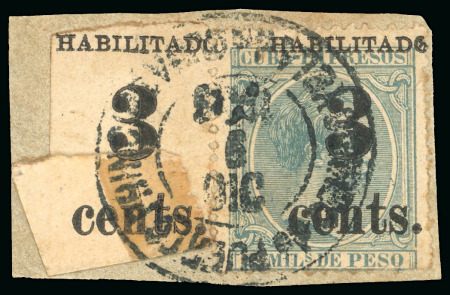 Stamp of United States » U.S. Possessions » Puerto Príncipe 1898 3c on 2m blue-green, fifth printing, pair, positions 1-2, overprint surcharge in gutter variety,