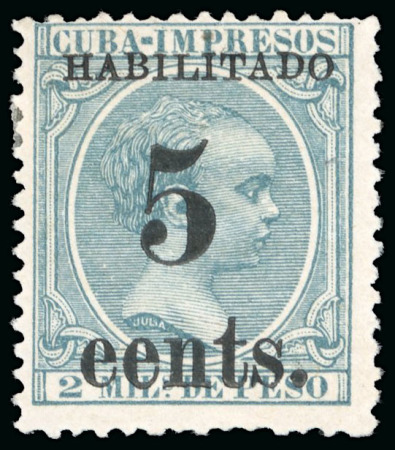 Stamp of United States » U.S. Possessions » Puerto Príncipe 1898 5c on 2m blue-green, fifth printing, position 3, mint, overprint variety "eents" instead of "cents"; 