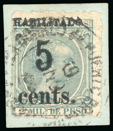 Stamp of United States » U.S. Possessions » Puerto Príncipe 1898 5c on 2m blue-green, fifth printing, position 4, used, tied to a small piece by cds